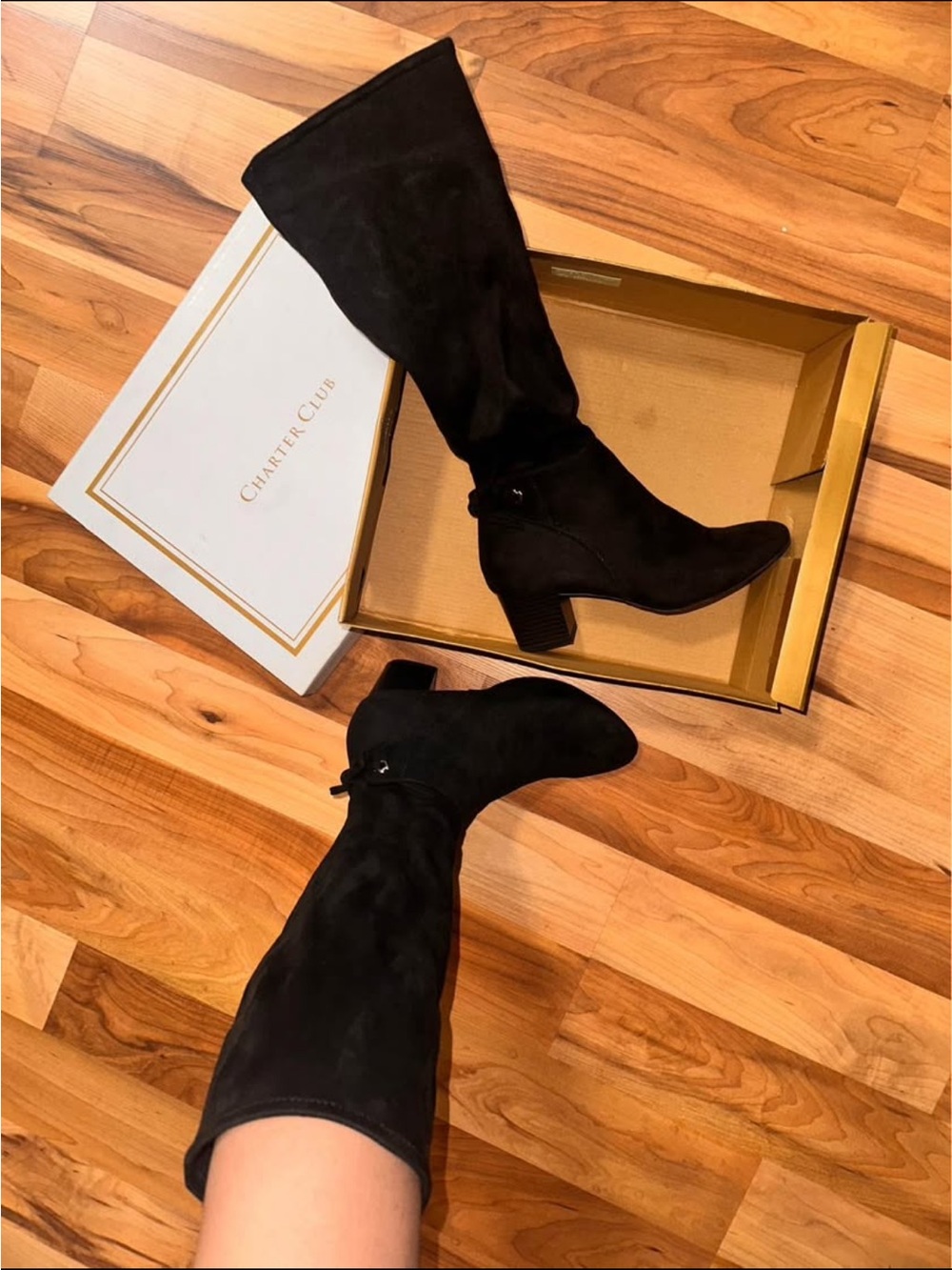 Charter Club Black Suede Knee-High Block Heel Boots